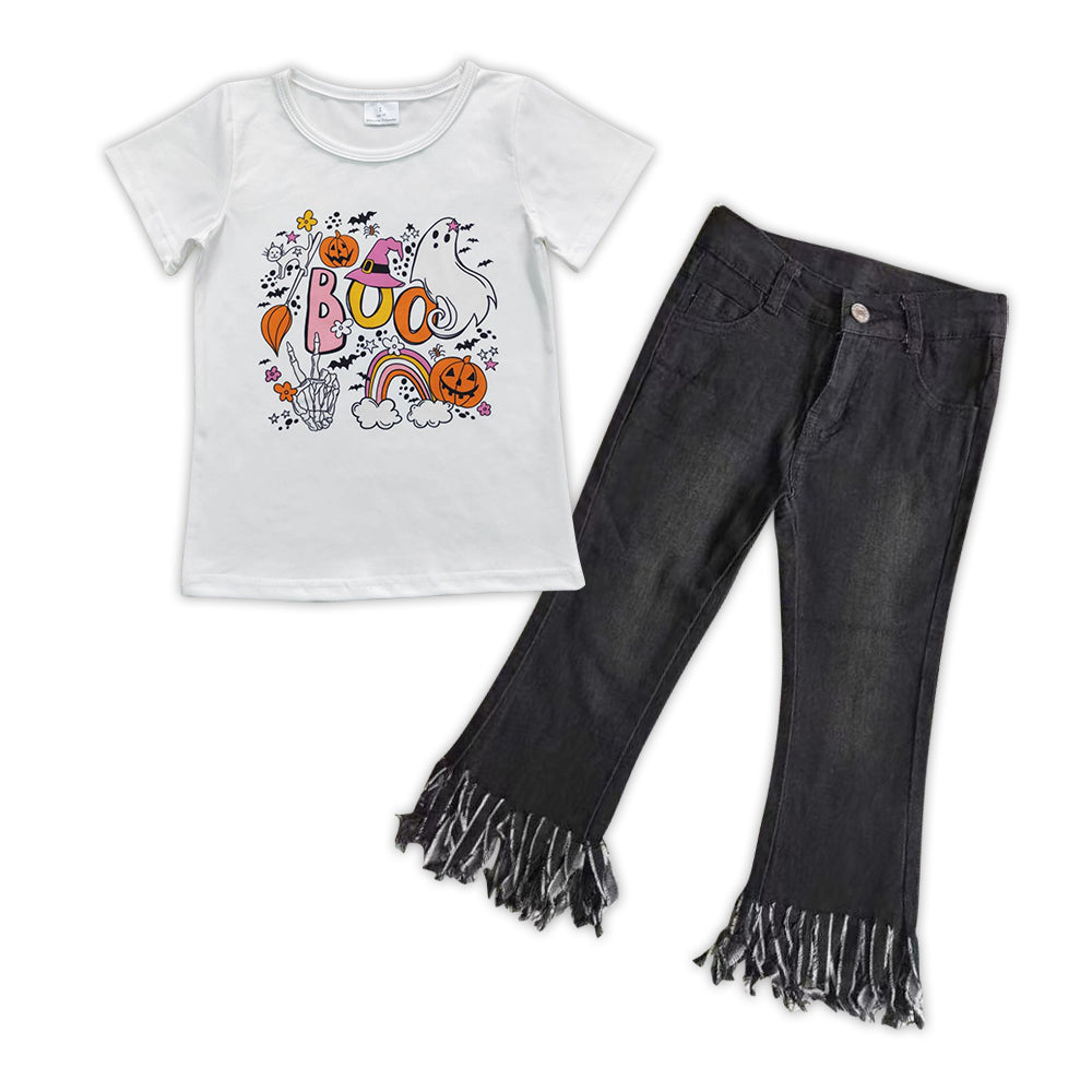 Boo ghost shirt black tassels jeans girls Halloween clothing