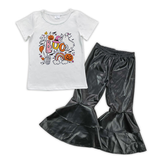 Boo ghost shirt black leather pants girls Halloween clothing