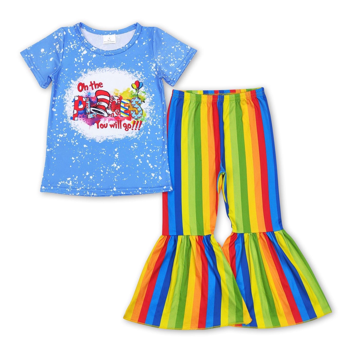 Blue bleached cat top colorful stripe pants girls clothes