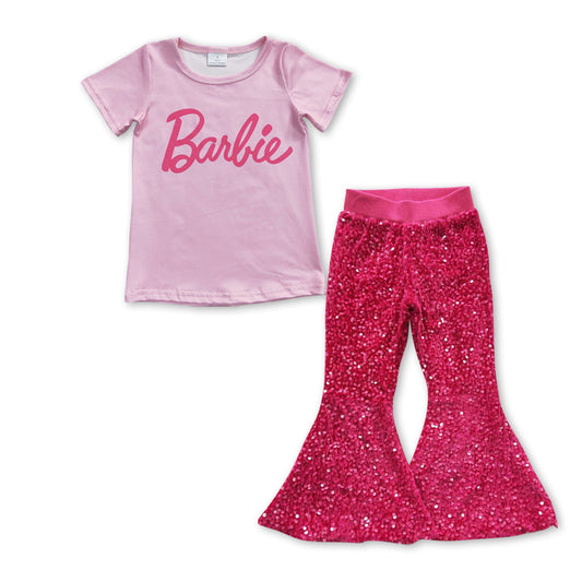 Pink short sleeves top sequin pants party girls outfits