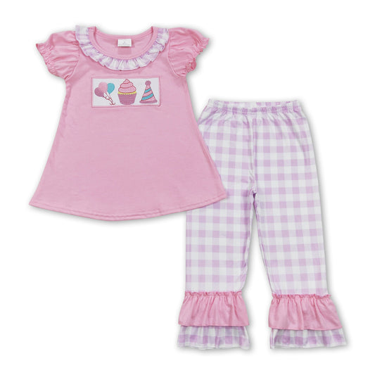 Pink balloon cake tunic plaid pants happy birthday girls clothes