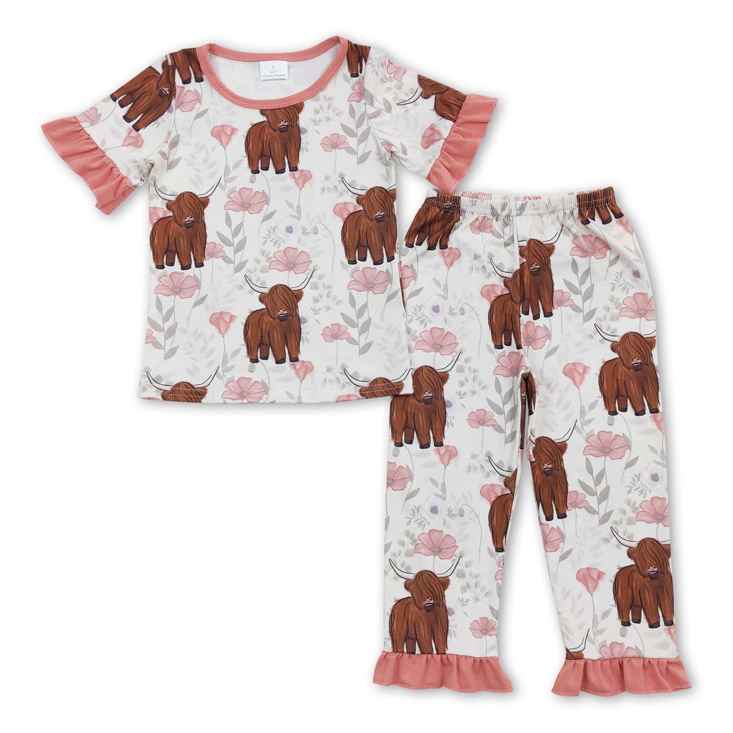 Short sleeves highland cow floral girls pajamas