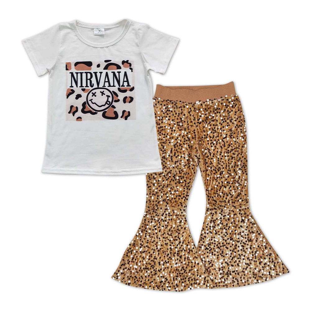 Short sleeves leopard top gold sequin pants girls clothes