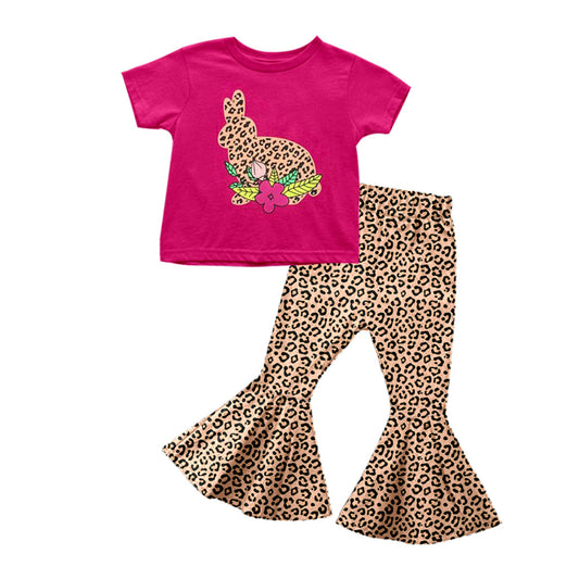 Leopard floral bunny top bell bottom pants girls easter clothes