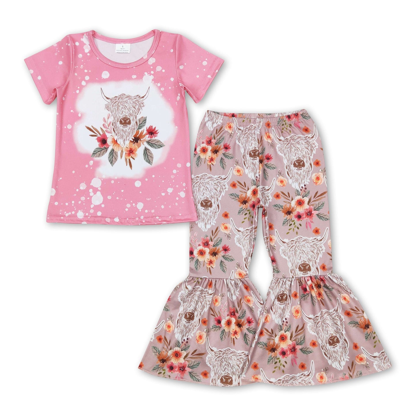 Pink floral highland cow top bell bottom pants girls outfits