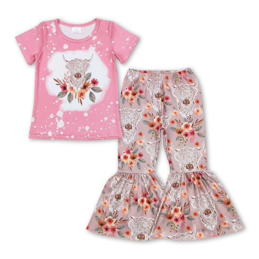 Pink floral highland cow top bell bottom pants girls outfits