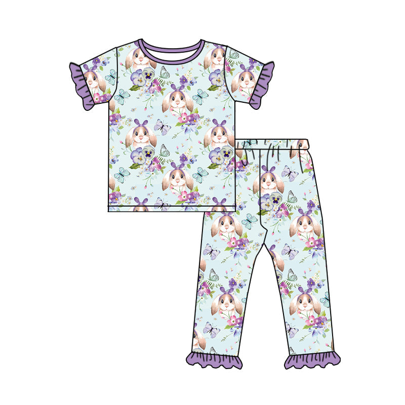 Lavender short sleeves bunny girls easter pajamas