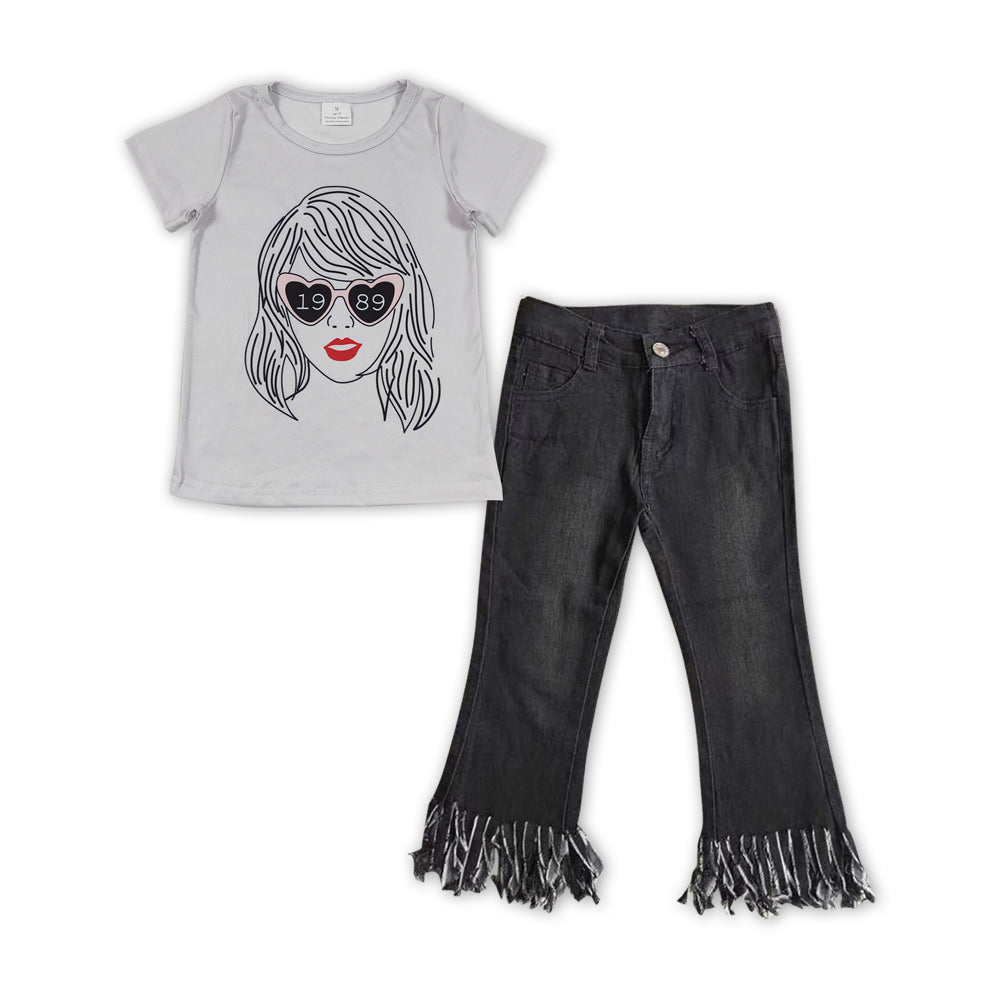 Hear glasses top black tassels jeans singer girls clothes