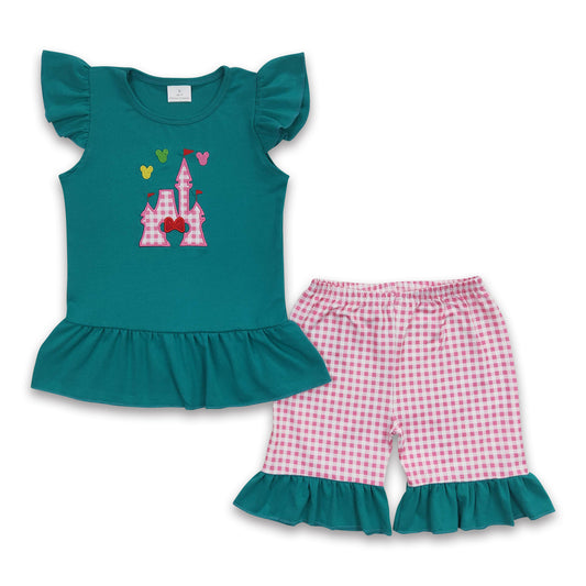 Castle embroidery plaid shorts girls summer clothes