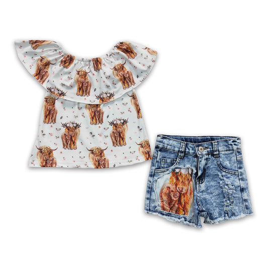 Highland cow floral shirt short jeans girls clothing set