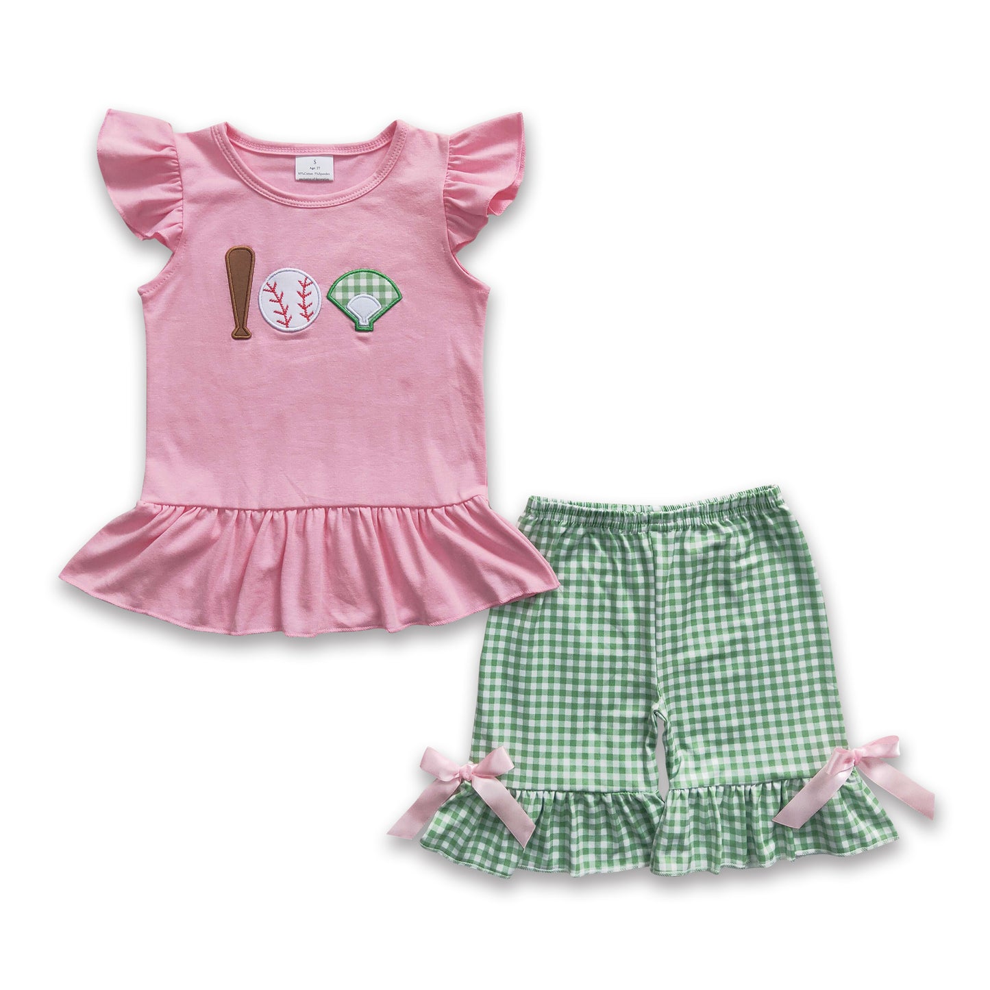 Baseball embroidery plaid kids girls team clothing set