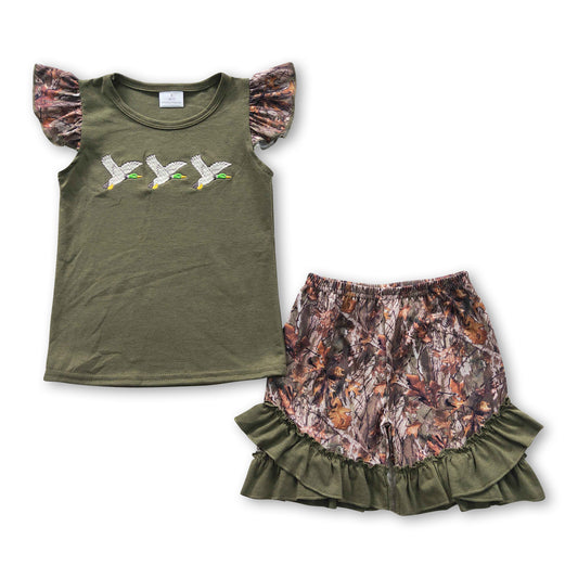 Duck olive shirt camo shorts kids girls clothing set