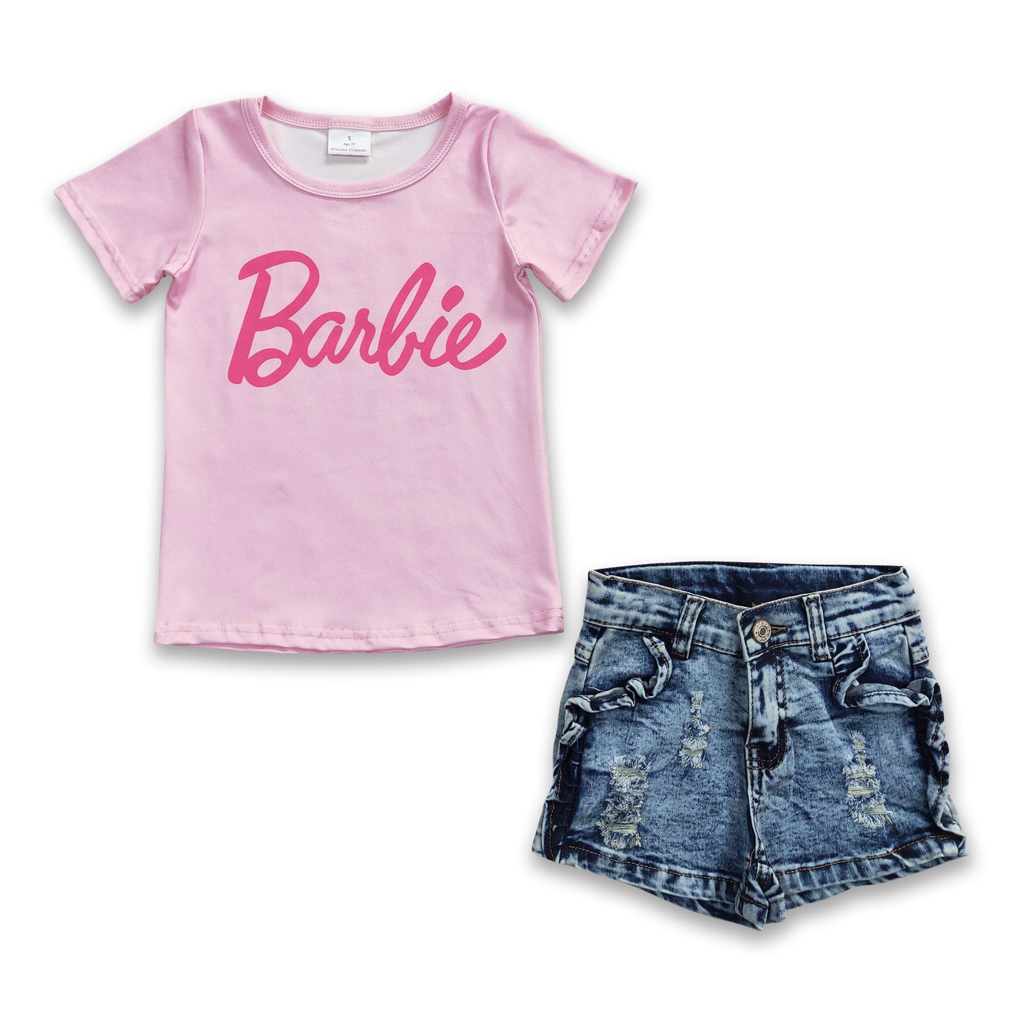 Pink shirt denim shorts party kids girls clothes