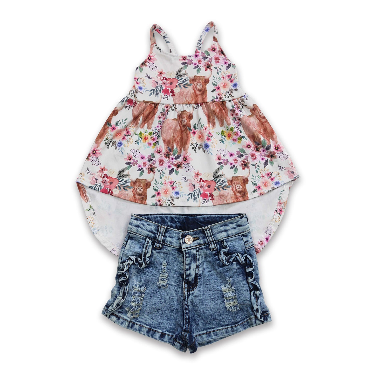 Highland cow floral high low top denim shorts girls outfits