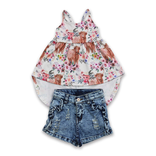 Highland cow floral high low top denim shorts girls outfits