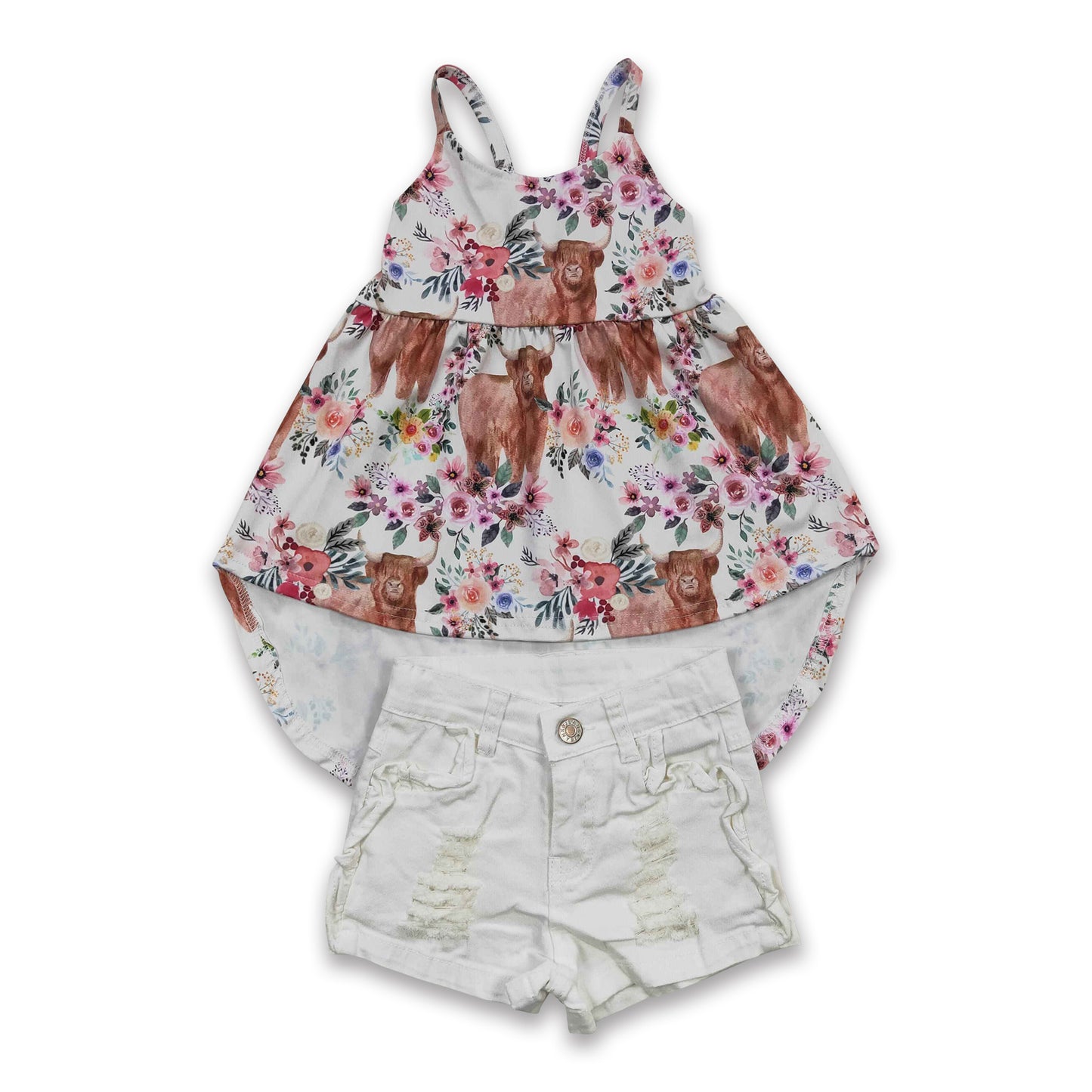 Highland cow floral high low top white denim shorts girls outfits