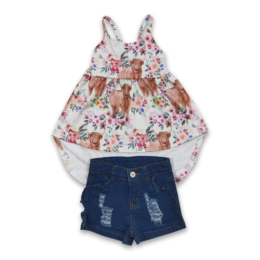 Highland cow floral high low top blue denim shorts girls outfits