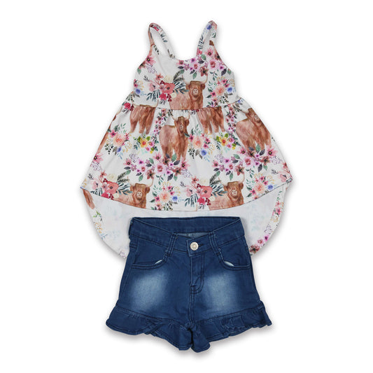 Highland cow floral high low top ruffle denim shorts girls outfits