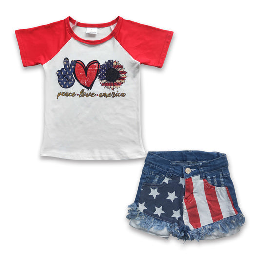 Peace love America raglan denim shorts girls 4th of july clohtes