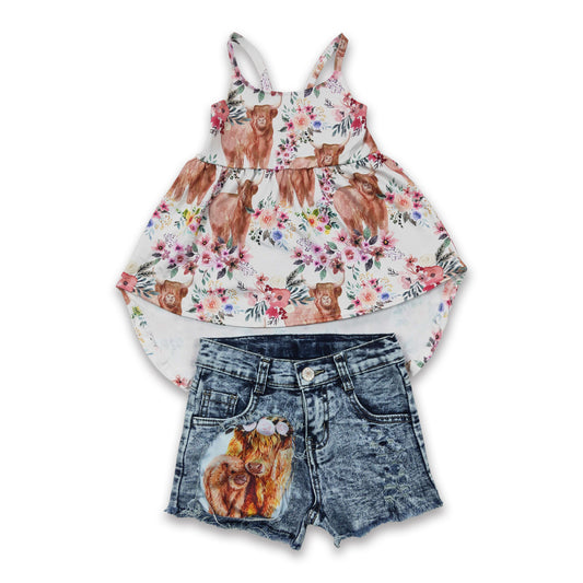 Highland cow floral high low top match denim shorts girls outfits