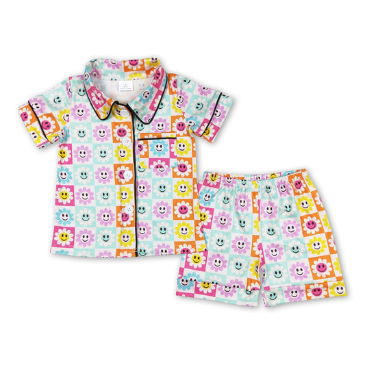 Colorful smile flower girls button down summer pajamas