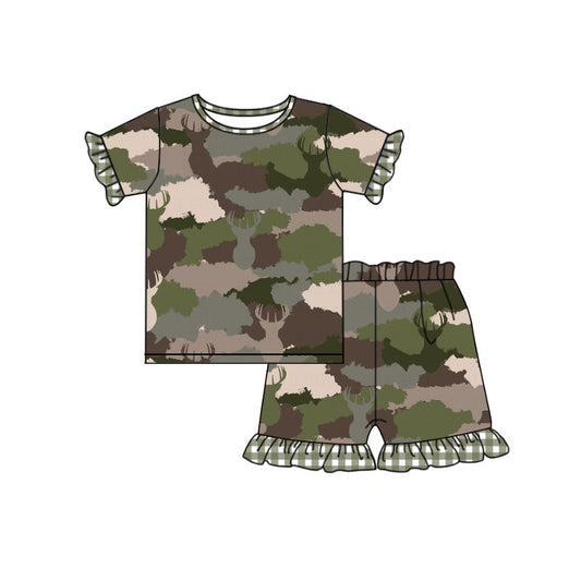 Ruffle short sleeves deer camo baby girls summer pajamas