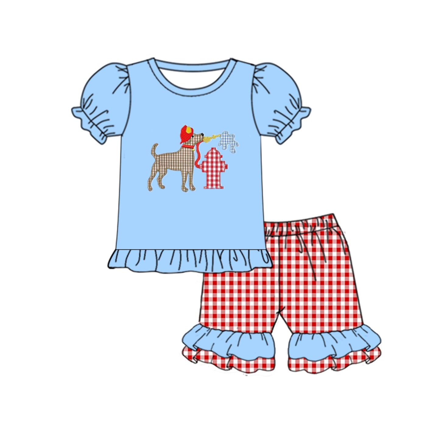 Dog back the red top red plaid ruffle shorts girls outfits