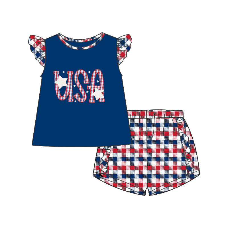 USA navy top plaid ruffle shorts girls 4th of july outfits