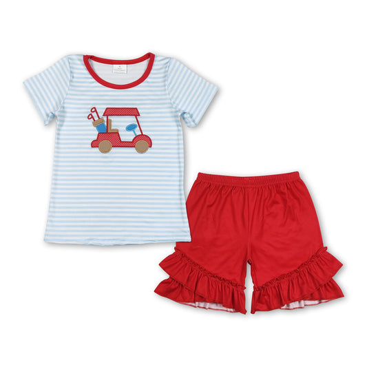 Stripe golf shirt ruffle shorts girls summer clothes