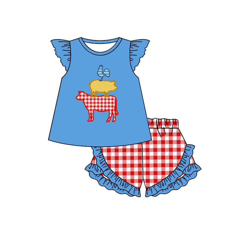 Chicken pig cow top plaid shorts girls farm clothes