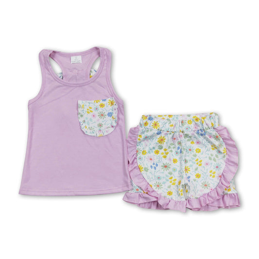 Pink sleeveless top floral shorts kids girls summer clothes