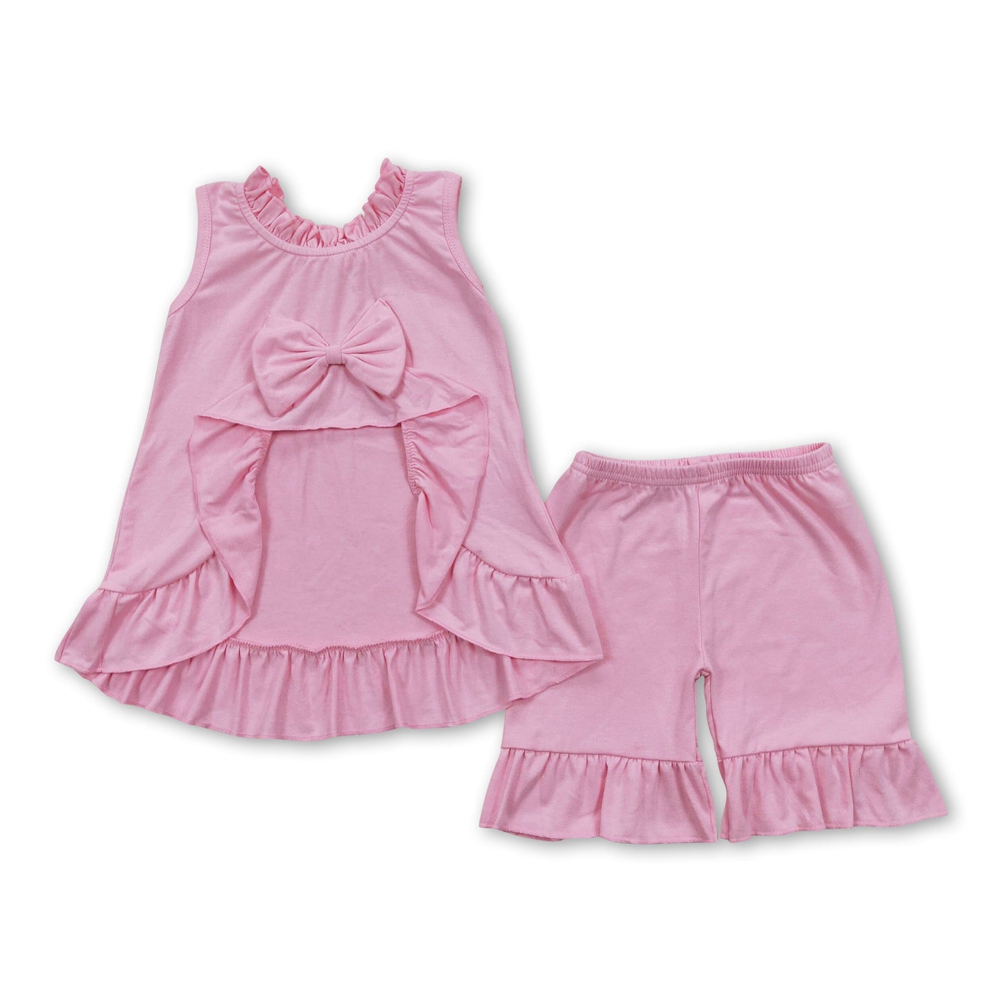 Pink cotton sleeveless bow backless girls summer outfits