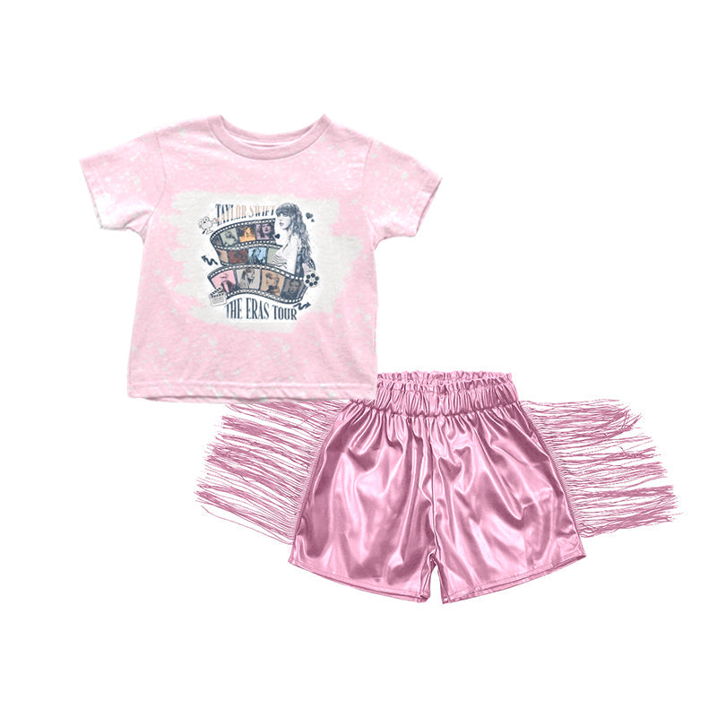 Pink bleached top tassels leather shorts singer girls set