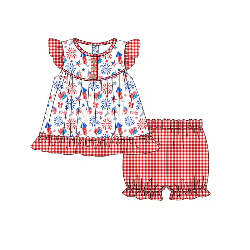 Firework balloon flag tunic plaid shorts girls 4th of july set