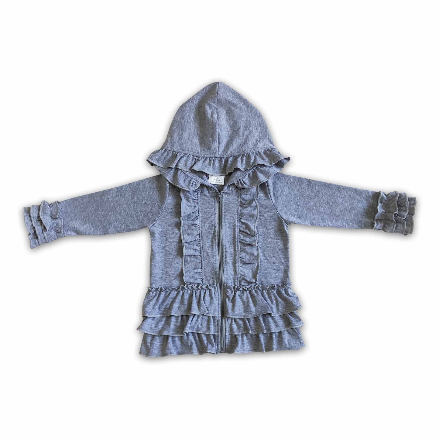 Solid gray zipper jacket girls ruffle hoodie cardigan