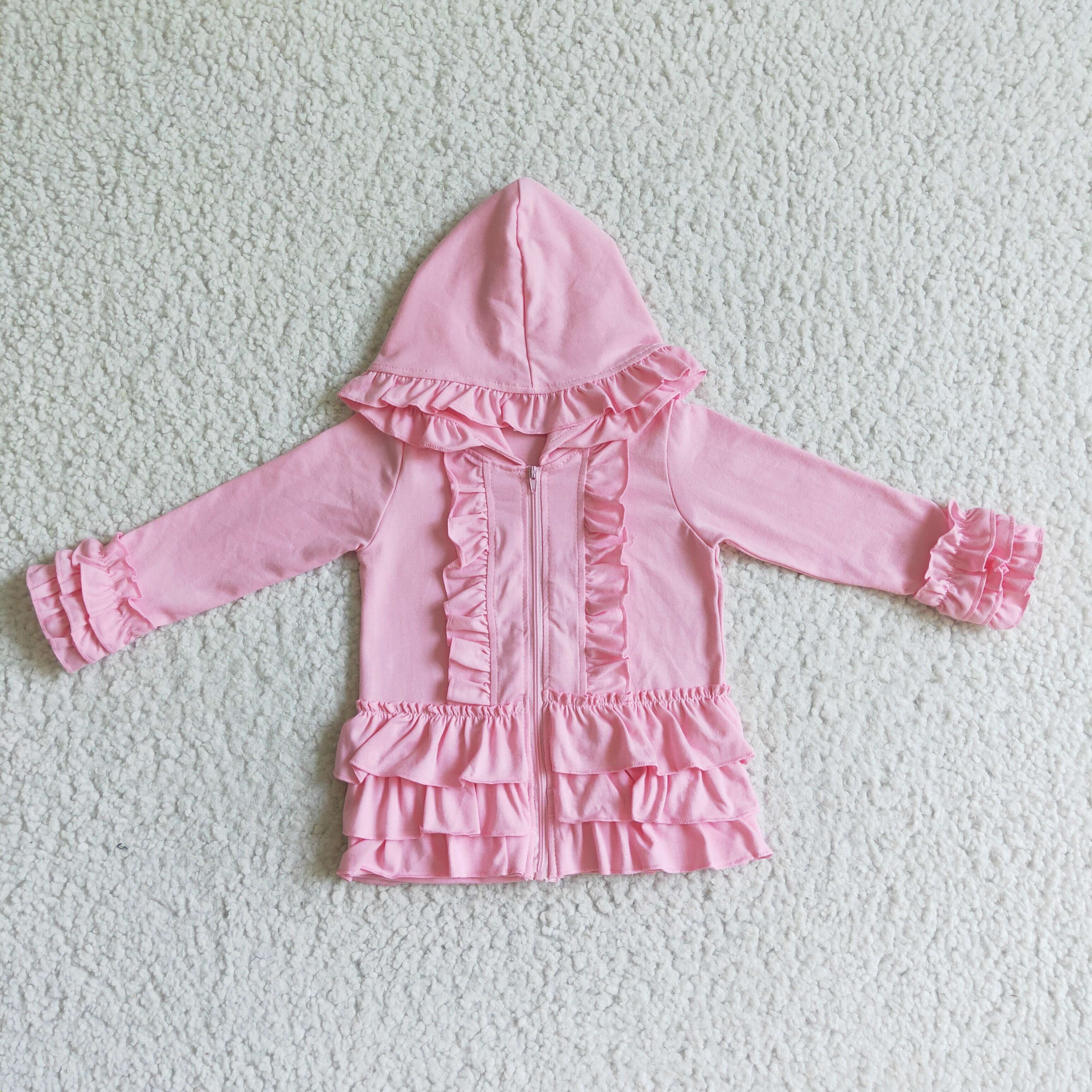 Solid pink zipper jacket girls ruffle hoodie cardigan