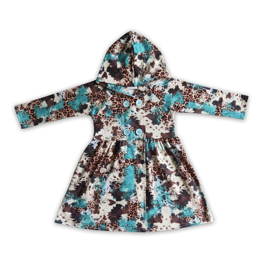 Turquoise cow print girls western hoodie dress