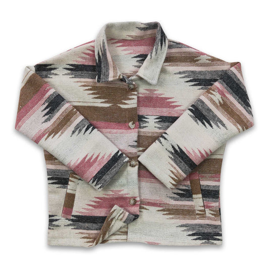 Aztec cotton pockets baby girls flannel button up shirt