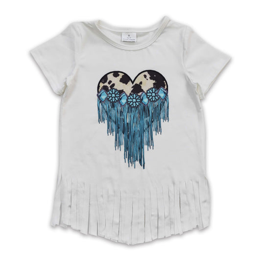 Cow turquoise heart short sleeves tassels western girls shirt