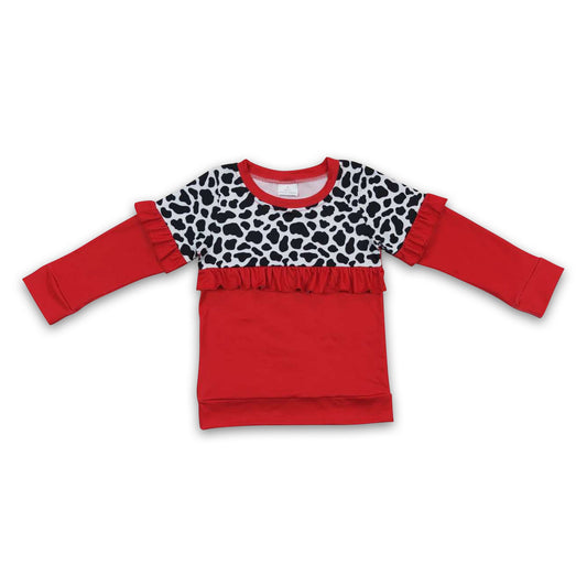 Cow print red long sleeves girls ruffle shirt