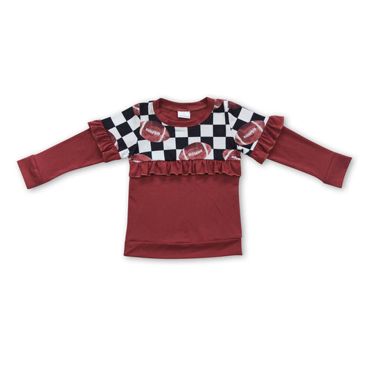 Brown football plaid ruffle kids girls shirt