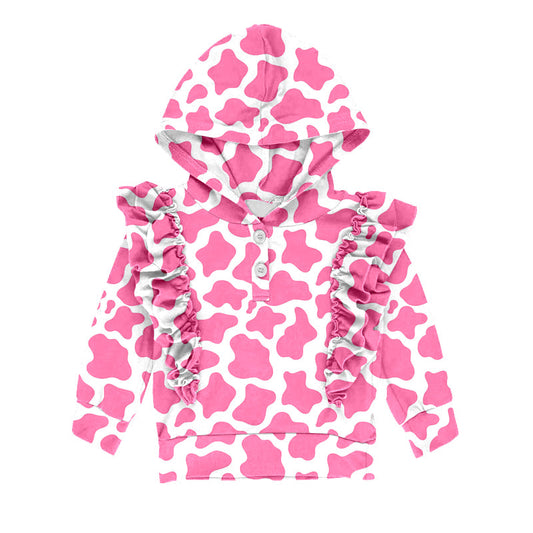 Pink cow print long sleeves ruffle girls hoodie