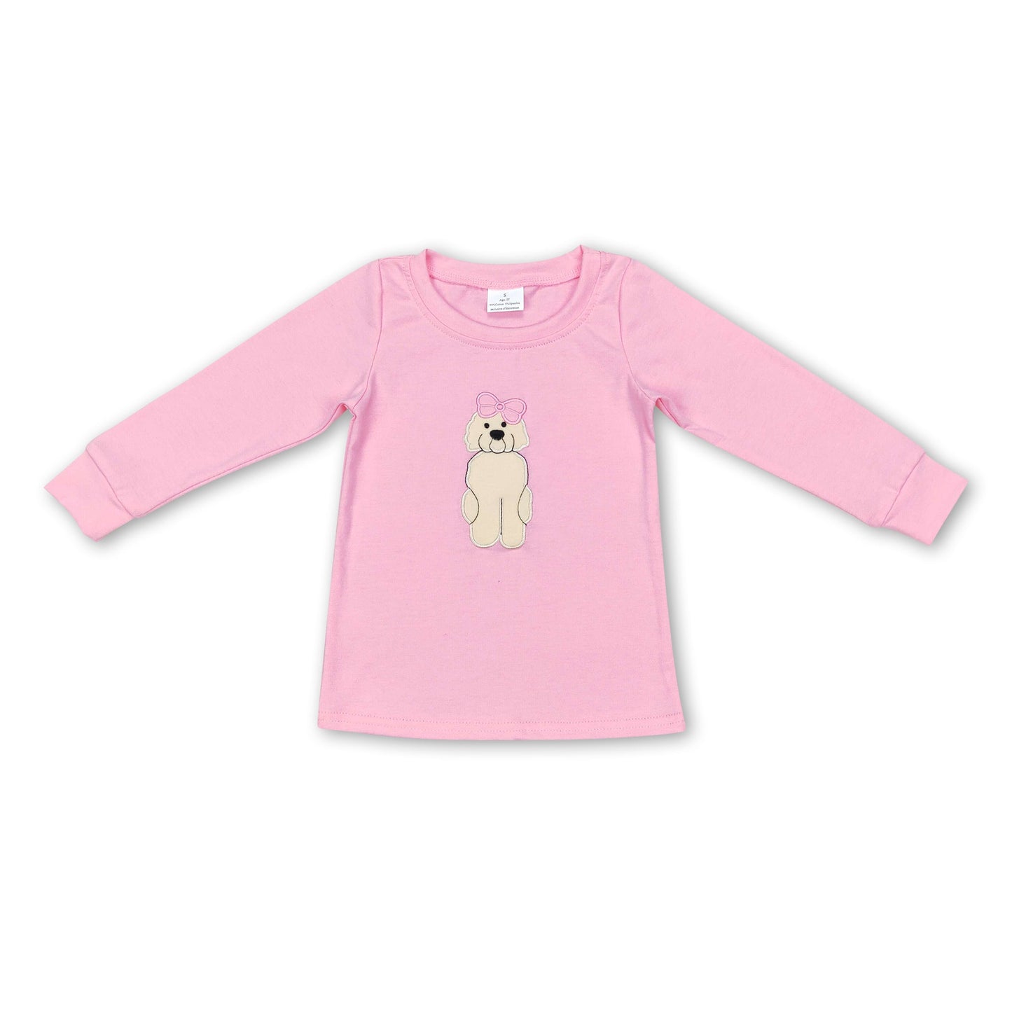 Pink dog bow long sleeves kids girls shirt