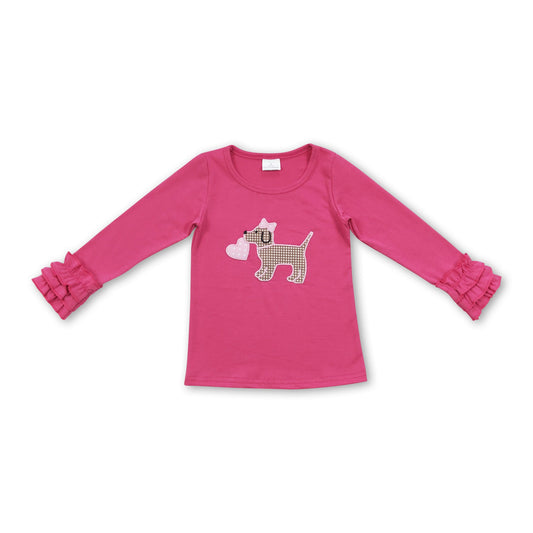 Hot pink ruffle sleeves dog heart girls valentine's shirt