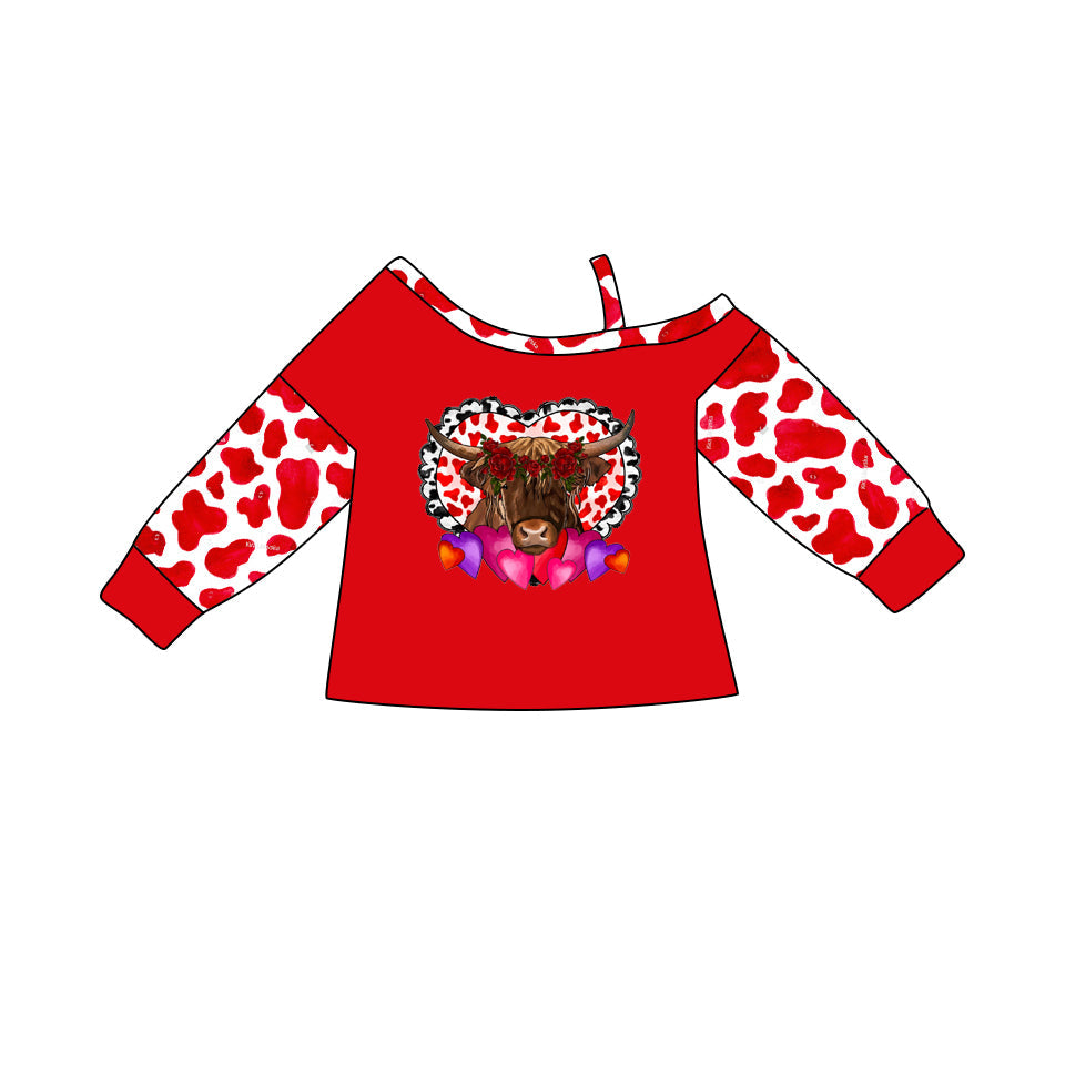 Long sleeves highland cow heart girls valentines shirt