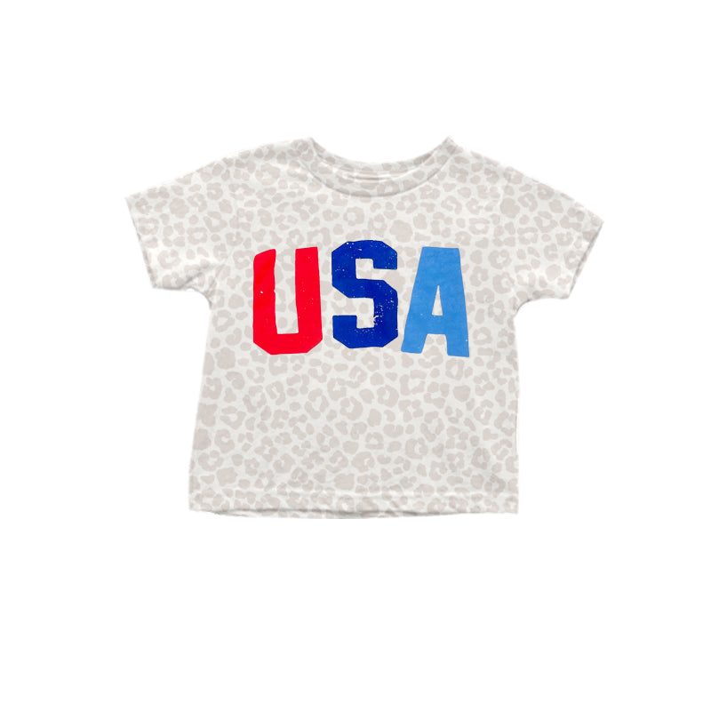 Short sleeves leopard USA adult women 4th of july shirt