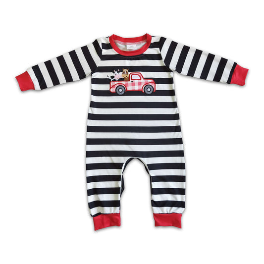 Cow truck embroidery stripe baby boy romper