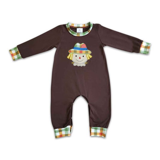 Scarecrow embroidery brown plaid baby boy Thanksgiving romper