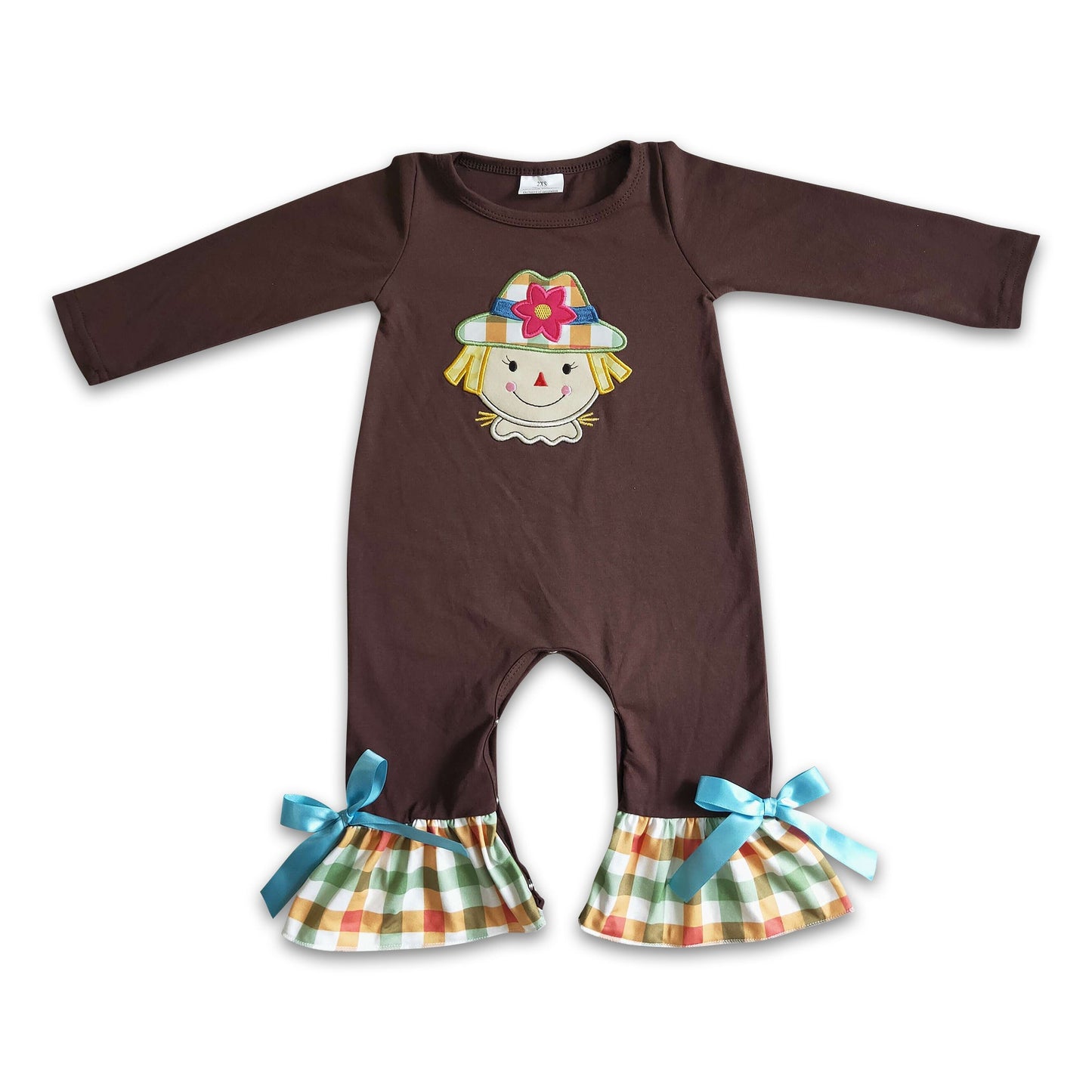 Scarecrow embroidery brown plaid baby Thanksgiving romper