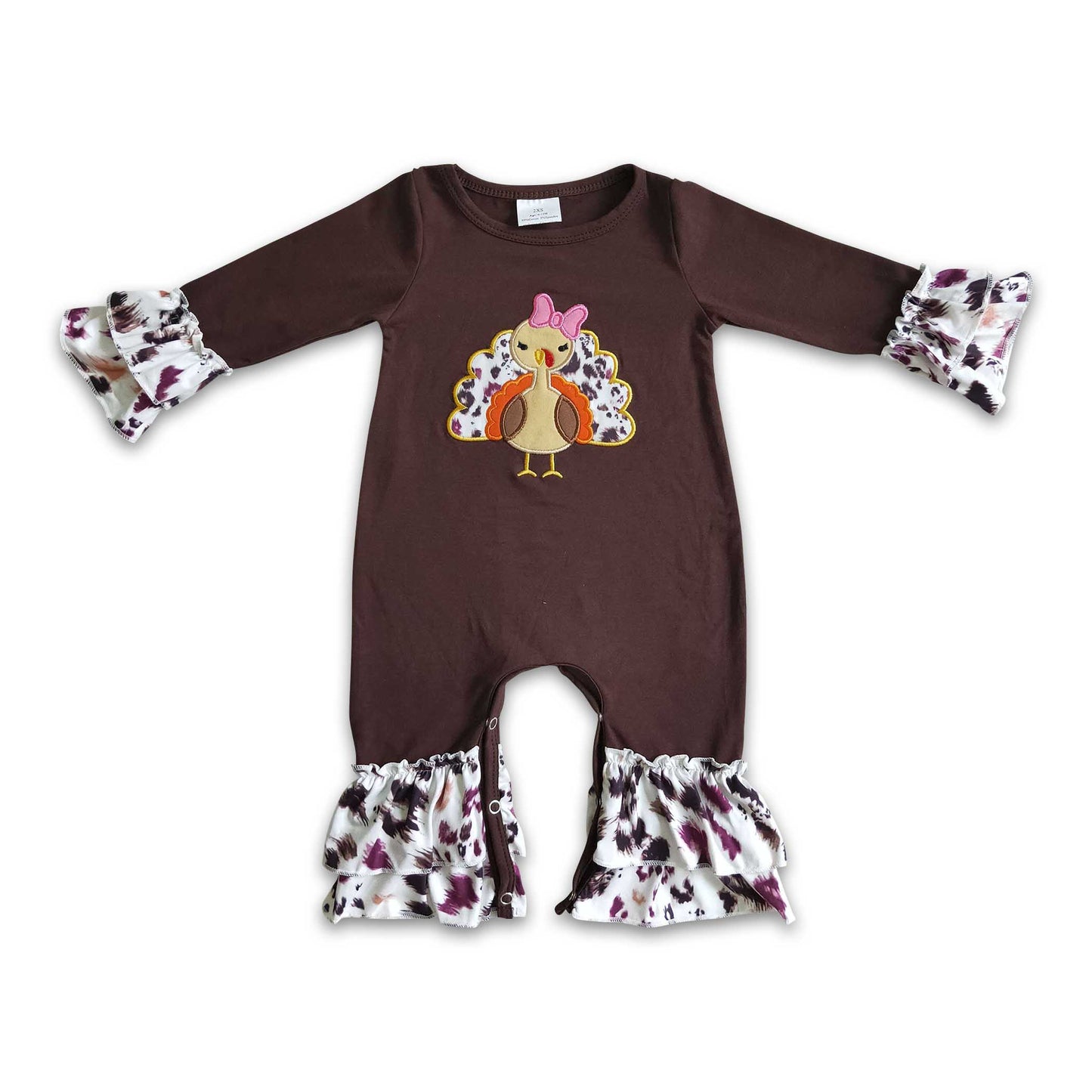 Turkey embroidery brown leopard baby Thanksgiving romper